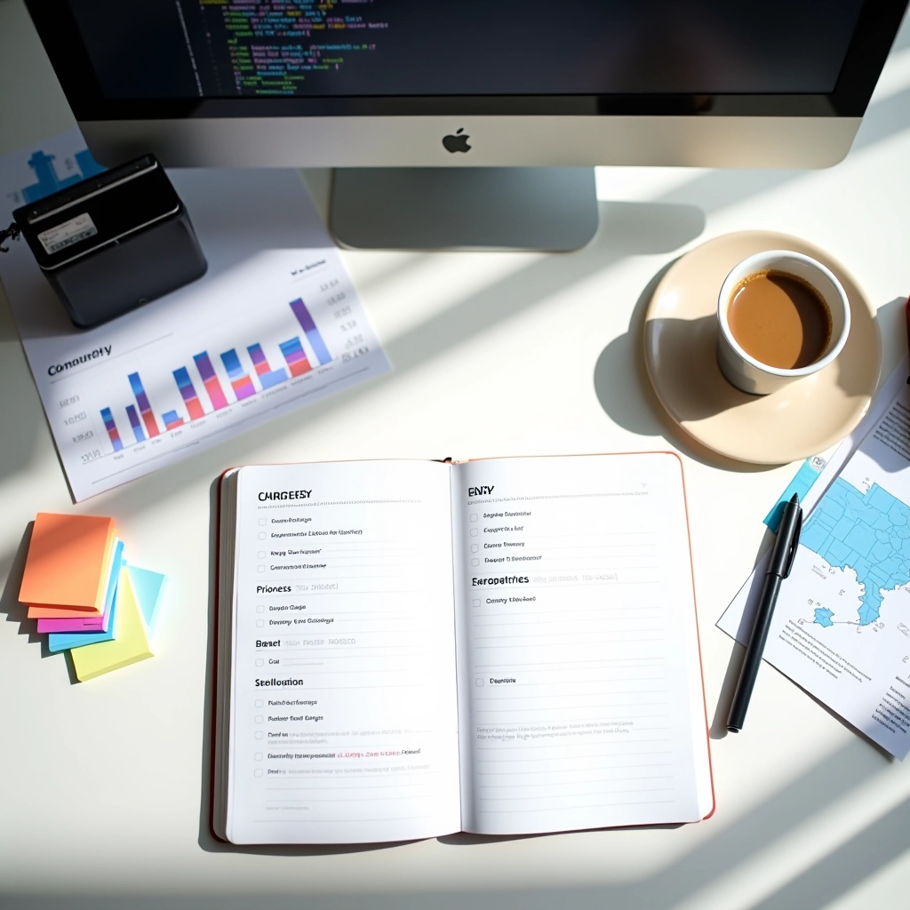 SEO Reforma redakcinio komandos darbo aplinka su dokumentais, kompiuteriu ir SEO audito medžiaga